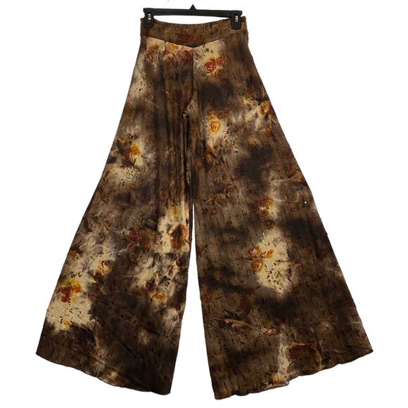 Hippie Boho Festival Brown Floral Tie Dye Pull On Knit Flare Pants Size Small - Picture 2 of 7